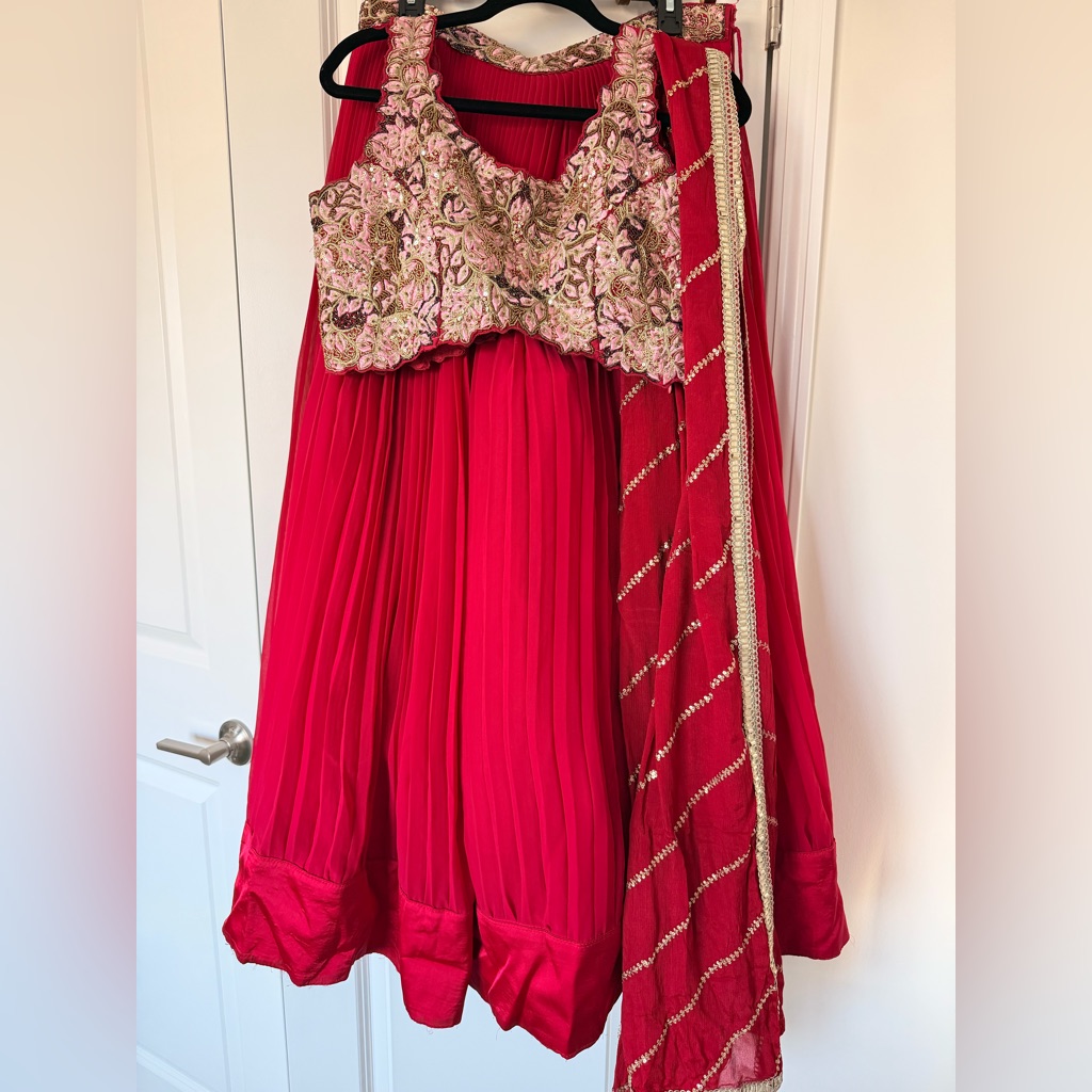 Elegant Magenta (Red) And Gold Lengha Dress